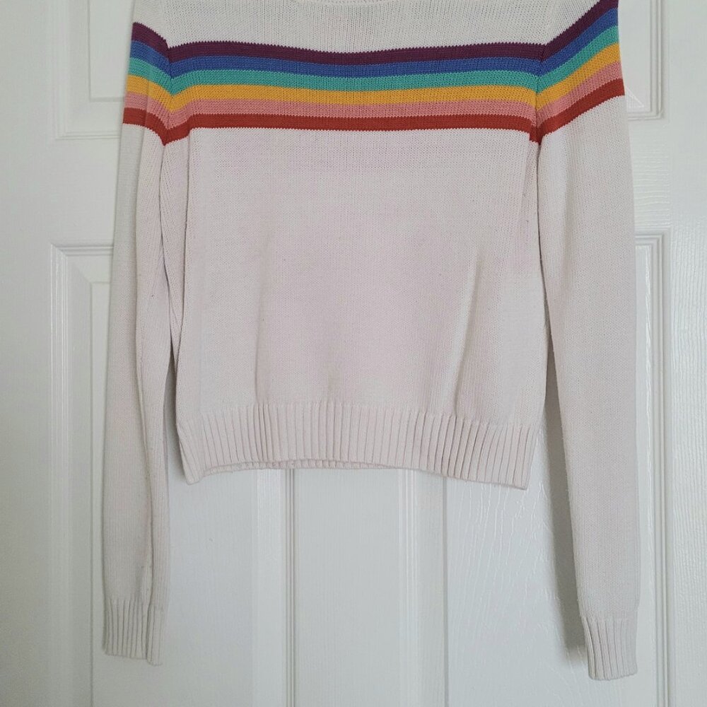 White Cropped Sweater w Rainbow Decor - Size Medium